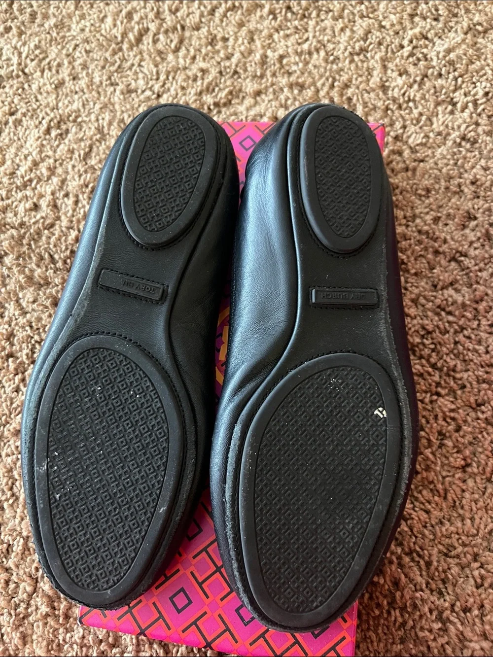 Tory Burch Black Leather Ballet Flat with Gold Logo Medallion